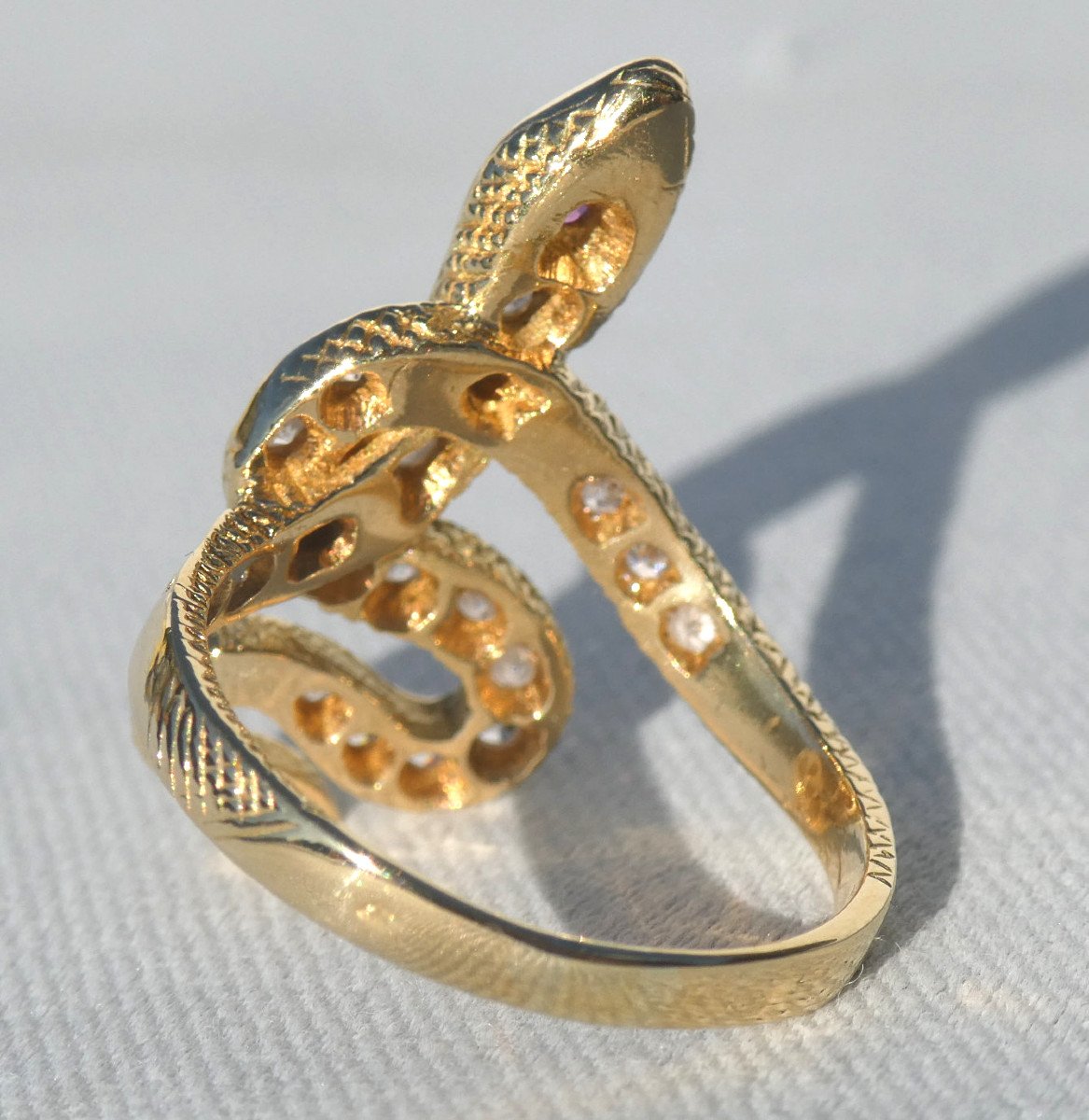 Gold Ring, Snake Decor, Diamonds & Rubies, Art Deco, Egyptomania-photo-2