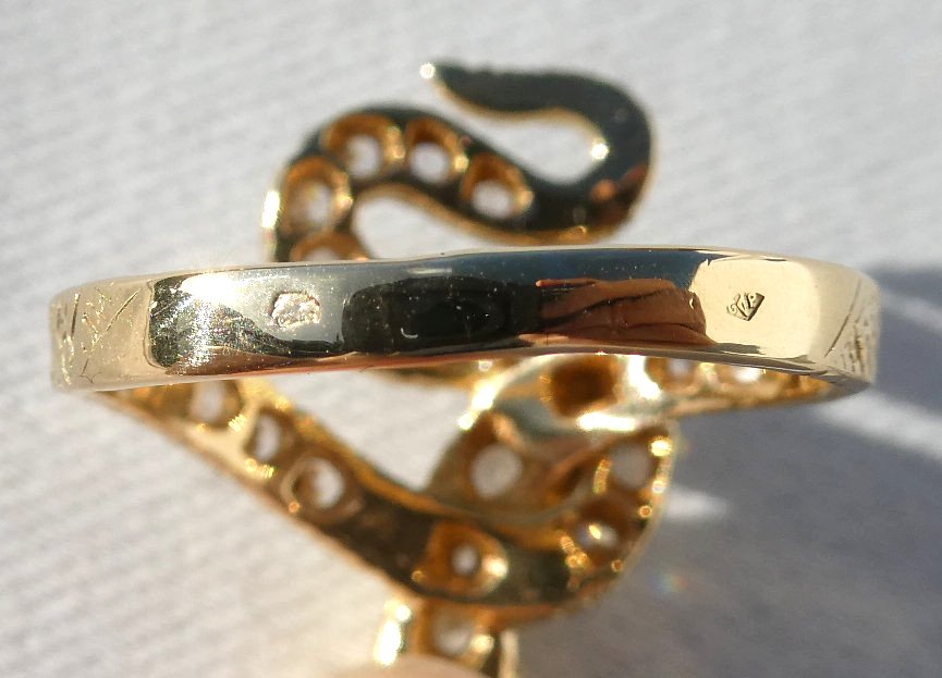 Gold Ring, Snake Decor, Diamonds & Rubies, Art Deco, Egyptomania-photo-4