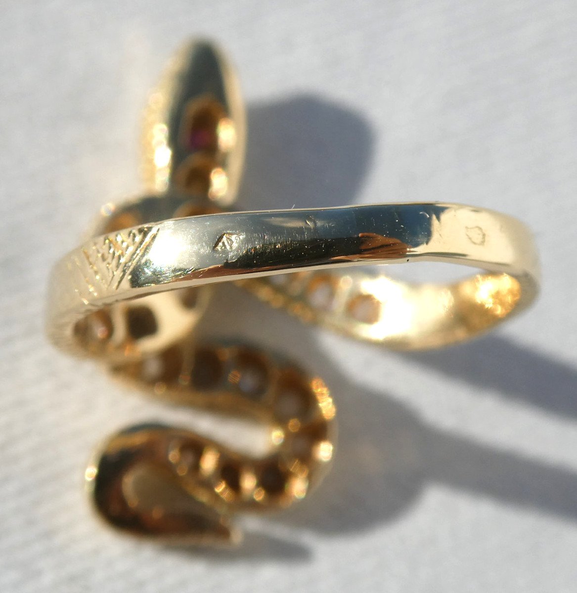 Gold Ring, Snake Decor, Diamonds & Rubies, Art Deco, Egyptomania-photo-3