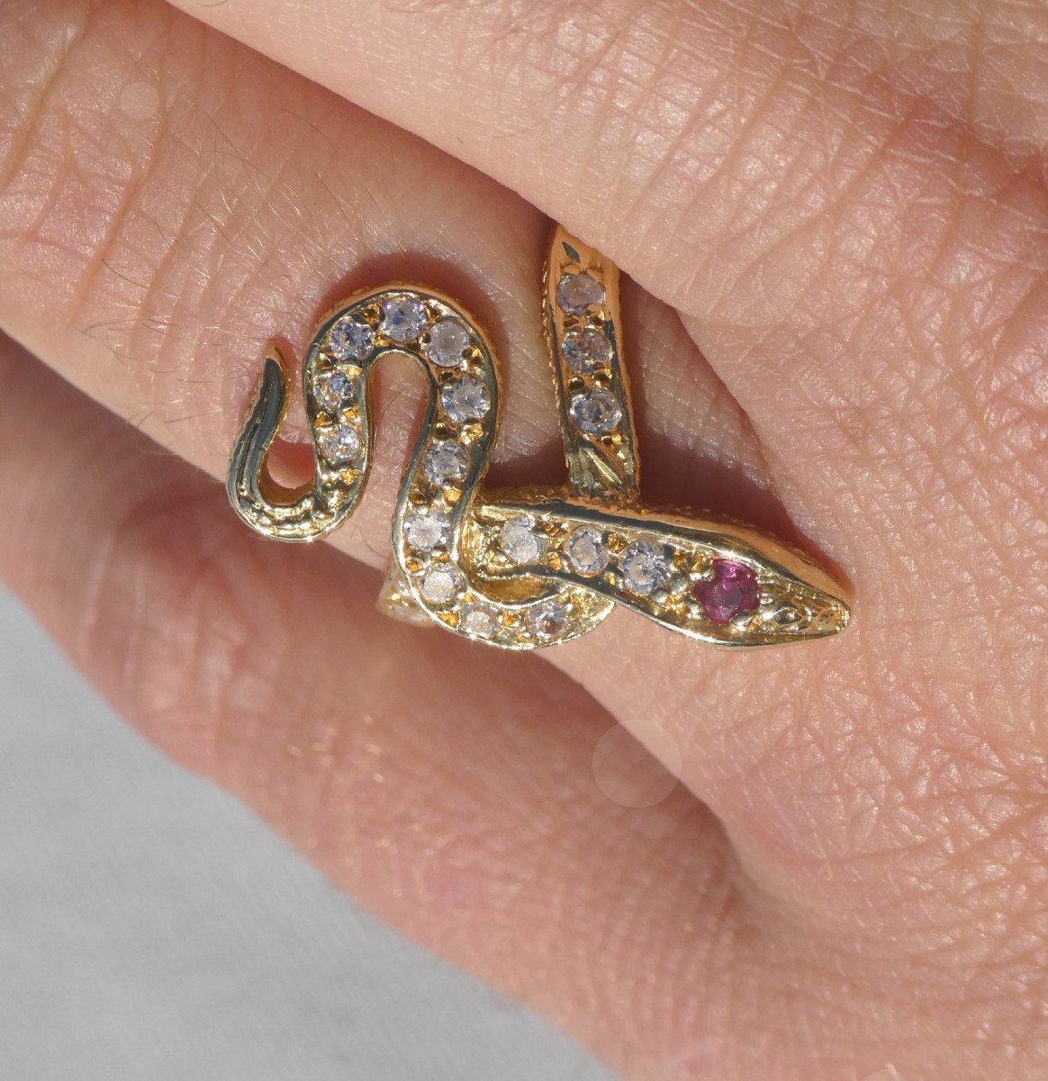 Gold Ring, Snake Decor, Diamonds & Rubies, Art Deco, Egyptomania-photo-4