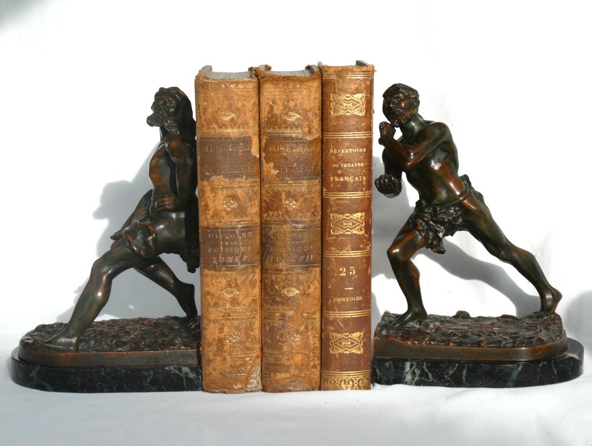 Pair Of Bronze Bookends, 19th Century, Atlanteans, Men, Signed Emile Gregoire 