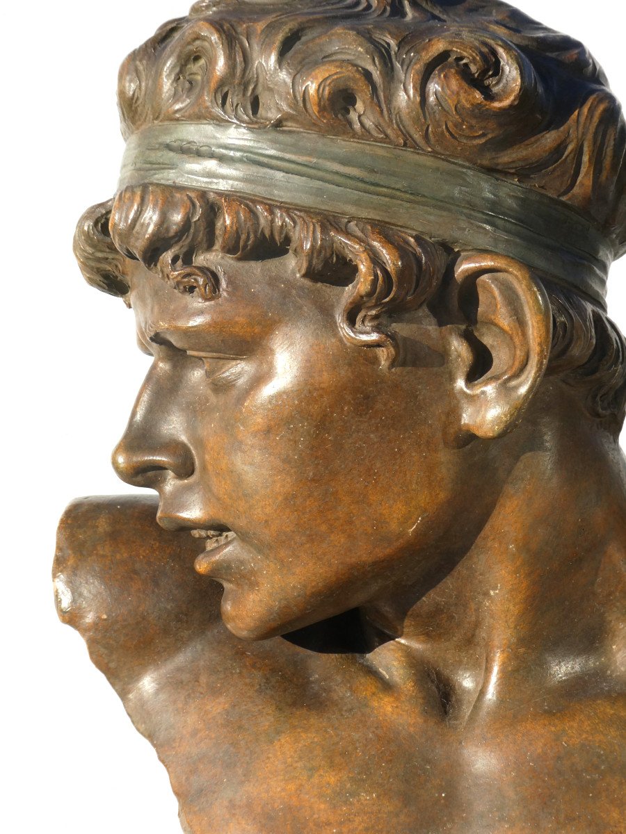 Bust Of Ephebe In Terracotta, Goldscheider Style Young Man Mythology 19th Century Carli Auguste-photo-2