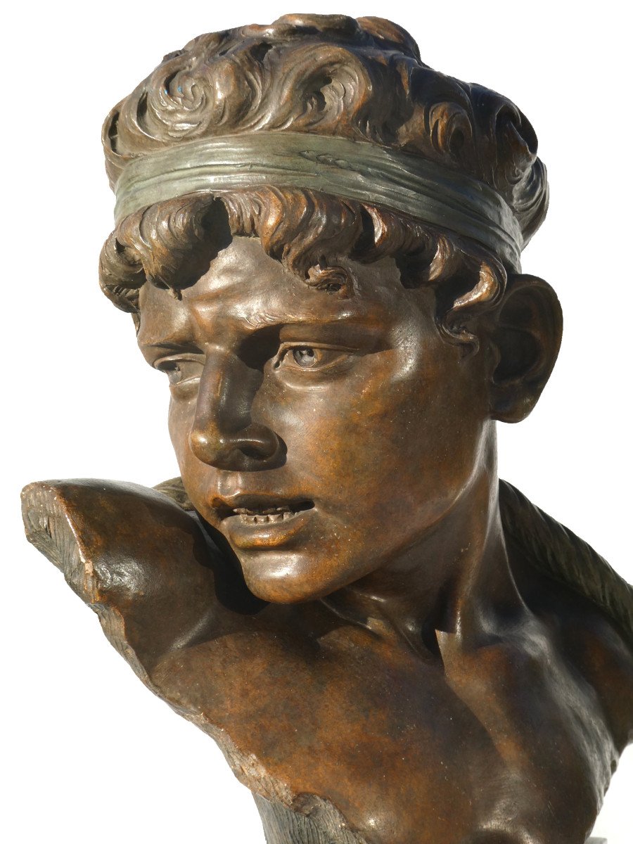 Bust Of Ephebe In Terracotta, Goldscheider Style Young Man Mythology 19th Century Carli Auguste-photo-4