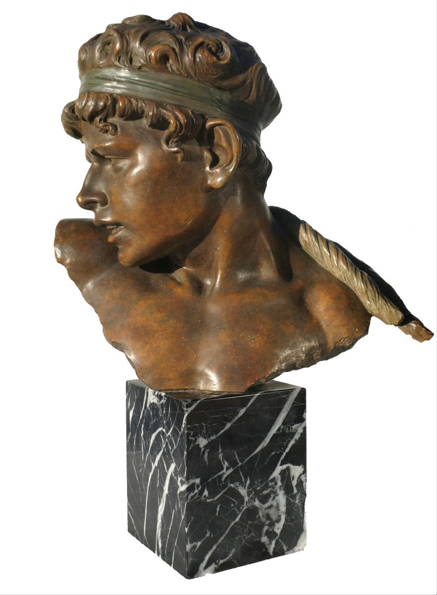 Bust Of Ephebe In Terracotta, Goldscheider Style Young Man Mythology 19th Century Carli Auguste