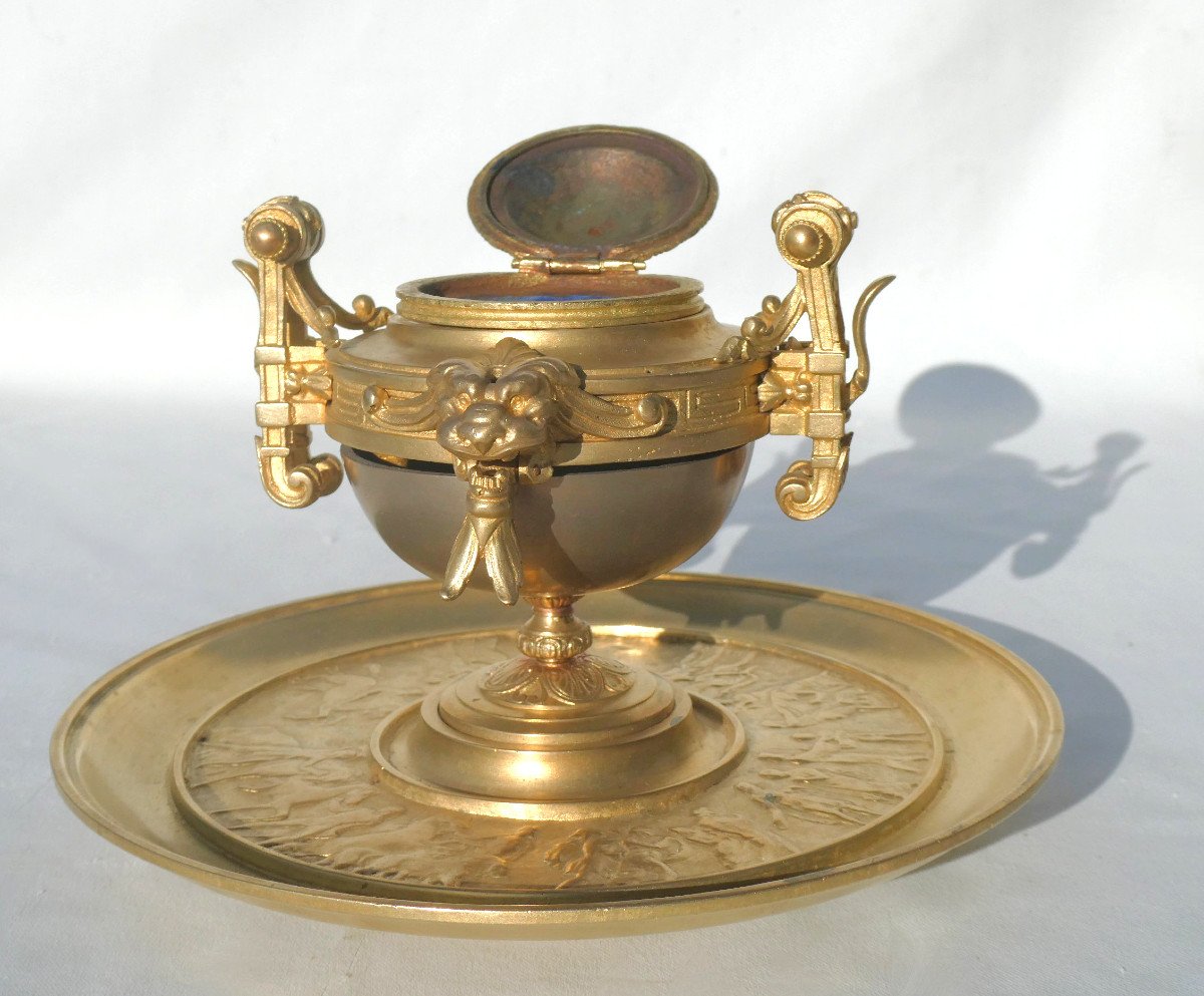 Encrier à Systeme Bronze Doré époque Napoléon III , Sonnette De Table Et Porte Plume XIXe-photo-1