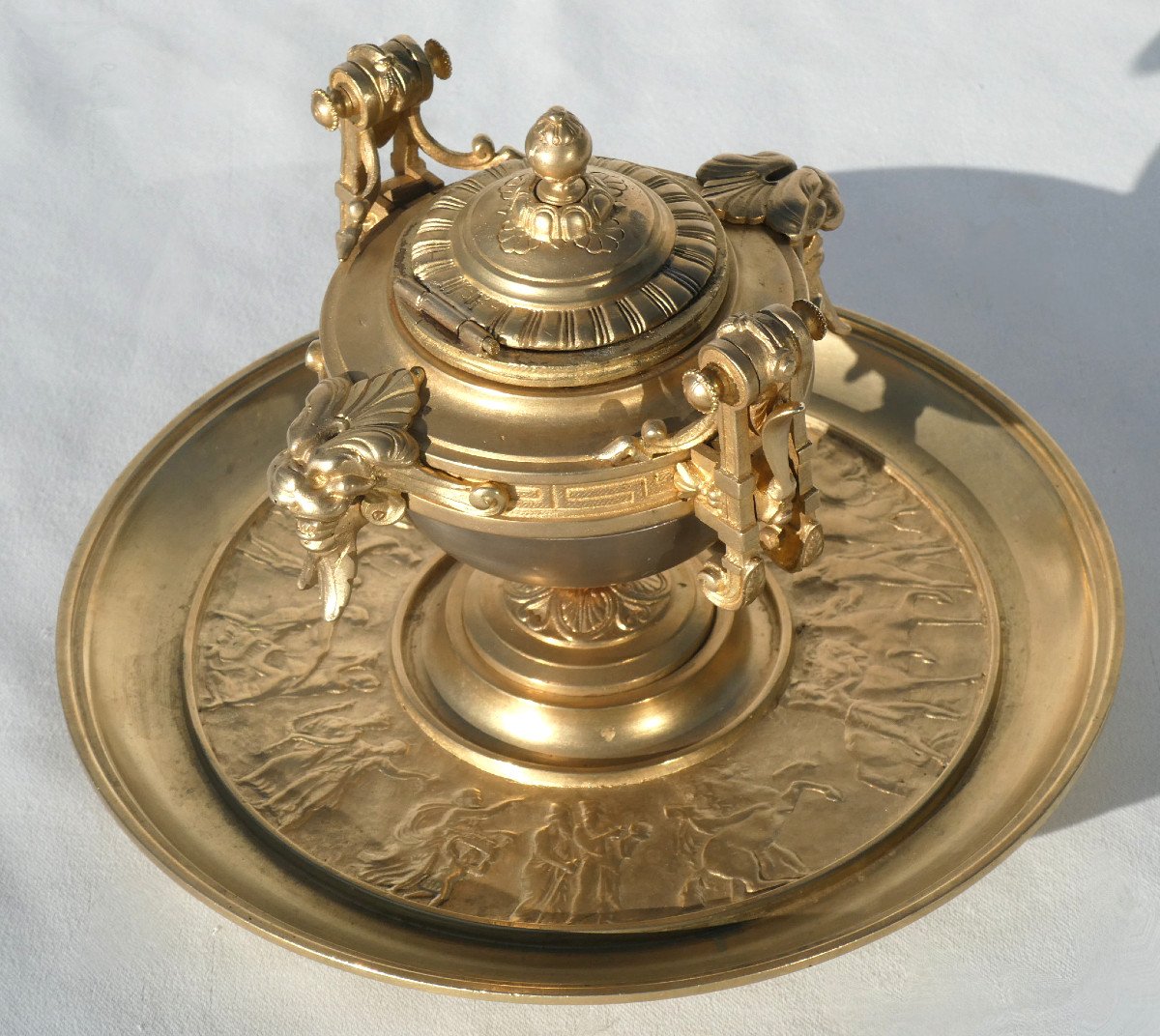 Encrier à Systeme Bronze Doré époque Napoléon III , Sonnette De Table Et Porte Plume XIXe-photo-4