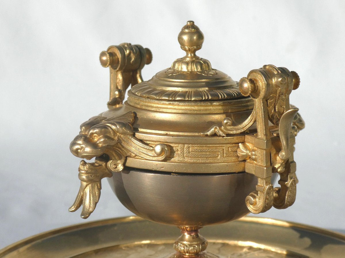 Encrier à Systeme Bronze Doré époque Napoléon III , Sonnette De Table Et Porte Plume XIXe-photo-5