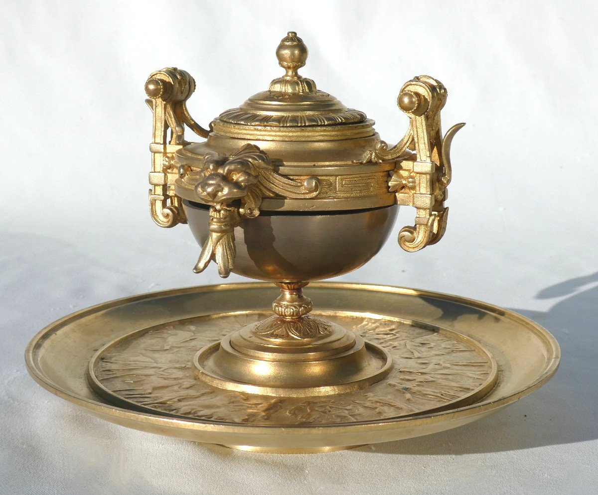 Encrier à Systeme Bronze Doré époque Napoléon III , Sonnette De Table Et Porte Plume XIXe