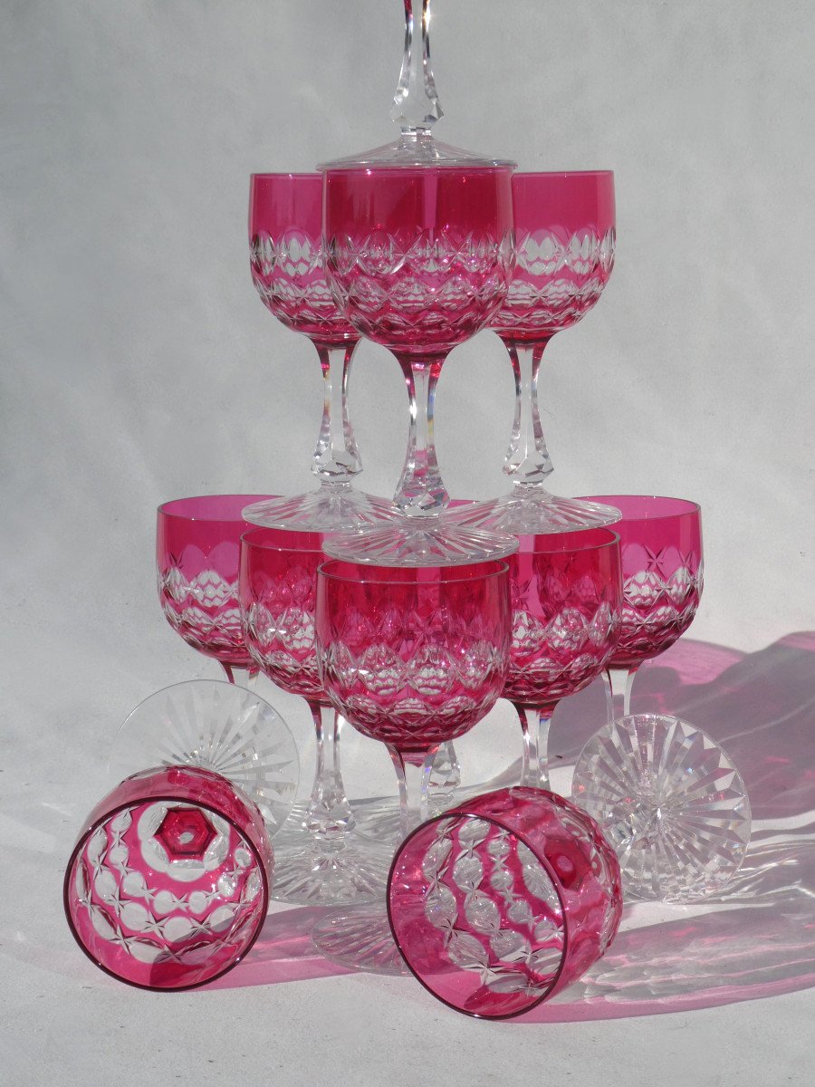 Set Of 12 Saint Louis Crystal Glasses, Romer Napoleon III Style, Garnet Red, 19th Century-photo-2