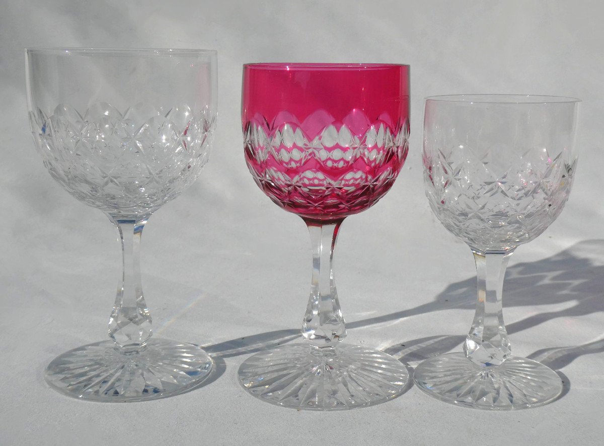 Set Of 12 Saint Louis Crystal Glasses, Romer Napoleon III Style, Garnet Red, 19th Century-photo-6