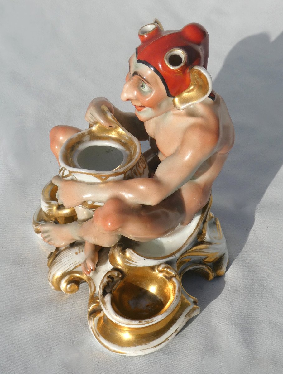 Large Paris Porcelain Pen Holder Louis Philippe Period, Inkwell, Mephisto, Fou-photo-4