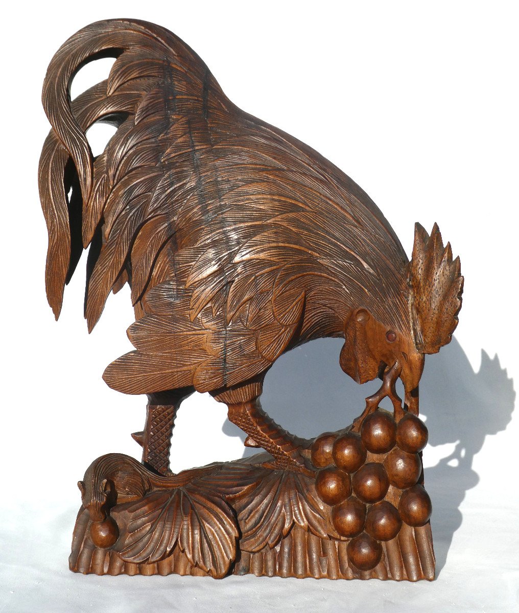 Grand Okimono En Bois Sculpté , Coq Au Raisin , Japon , Asie , Chine , Vers 1900