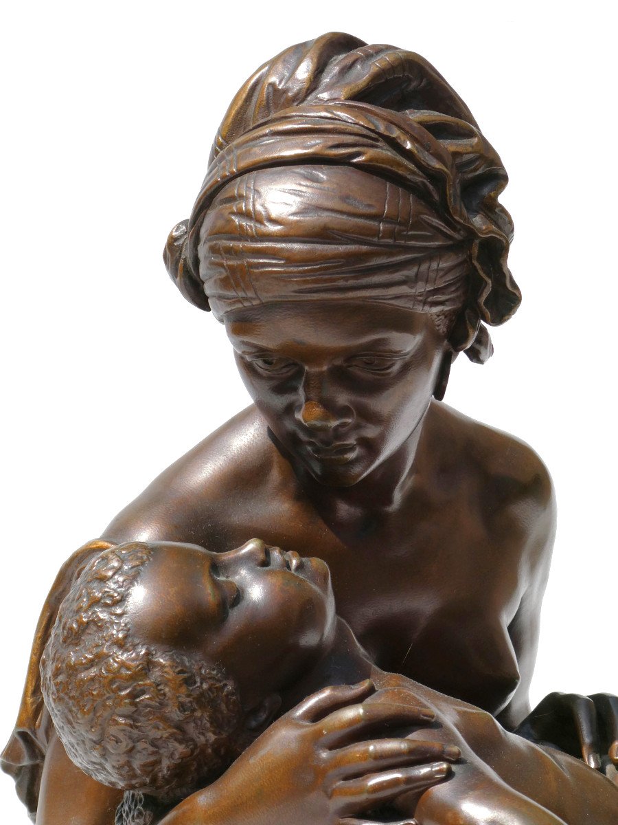 Grand Groupe En Bronze La Tendresse Maternelle Signé Jean Joseph Jaquet Sculpture Orientaliste-photo-1