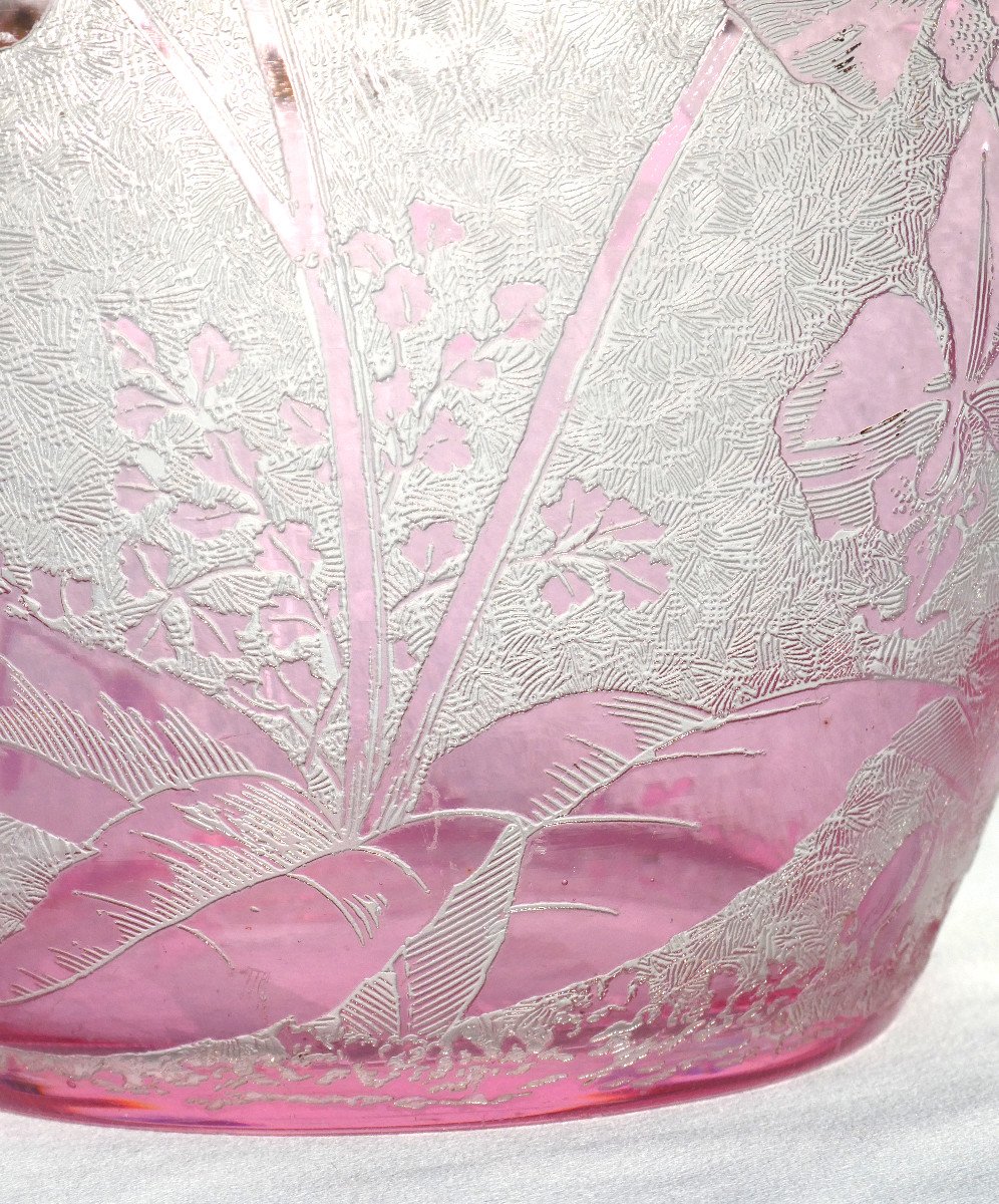 Baccarat Crystal Biscuit Bucket Acid Etched Orchid Decor, Art Nouveau, Pink-photo-2