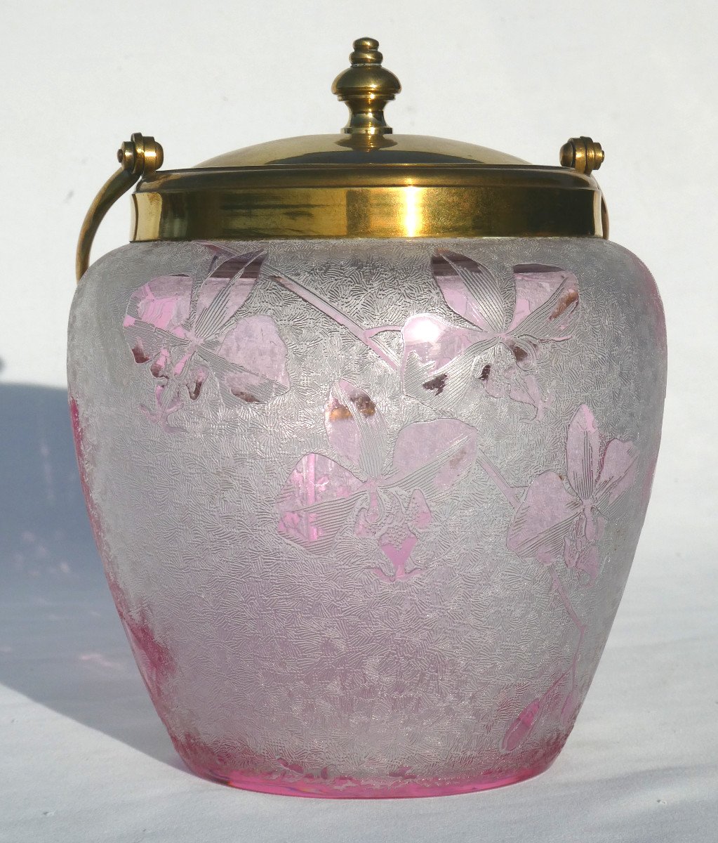 Baccarat Crystal Biscuit Bucket Acid Etched Orchid Decor, Art Nouveau, Pink-photo-4