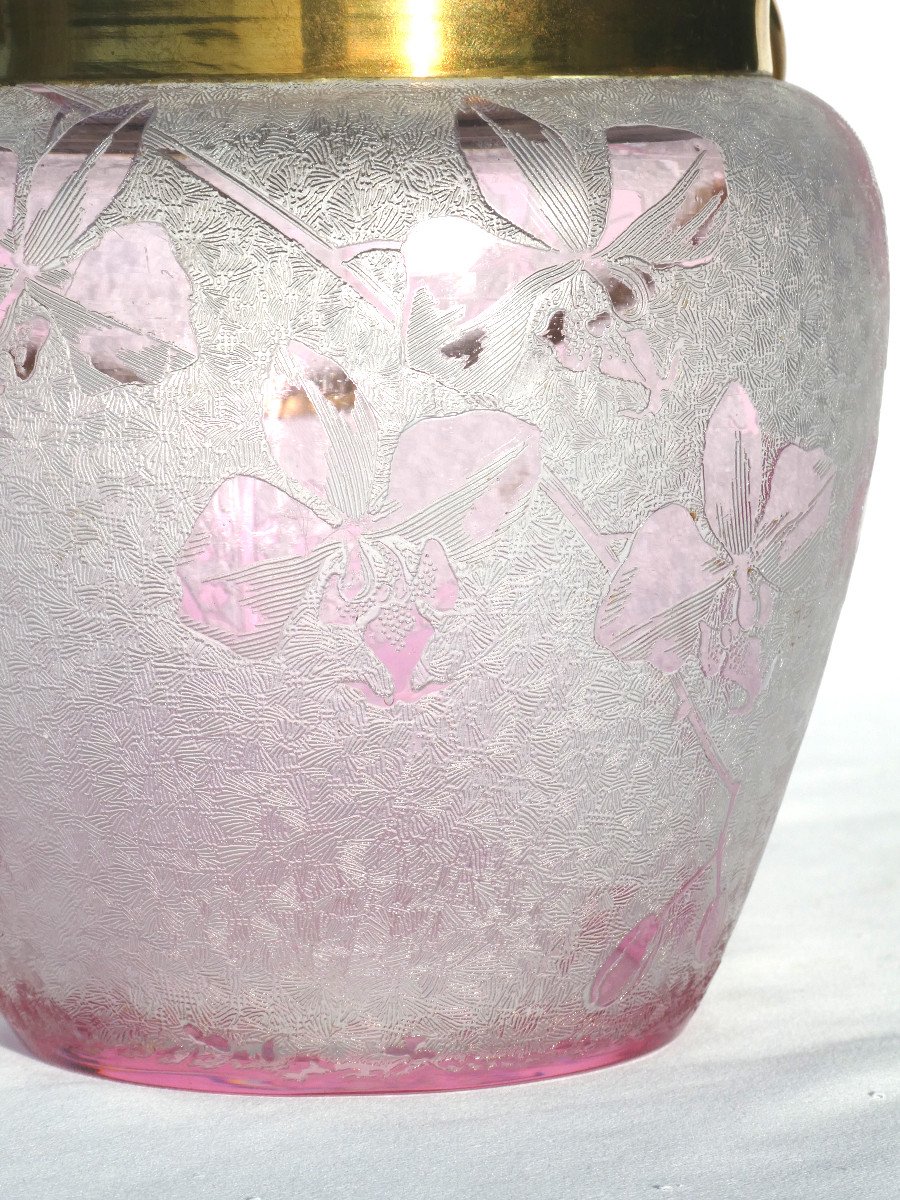 Baccarat Crystal Biscuit Bucket Acid Etched Orchid Decor, Art Nouveau, Pink-photo-1