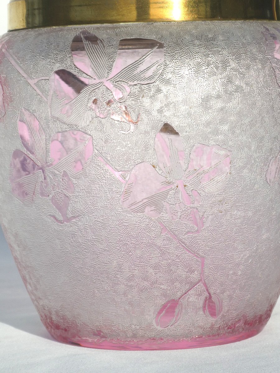 Baccarat Crystal Biscuit Bucket Acid Etched Orchid Decor, Art Nouveau, Pink-photo-2