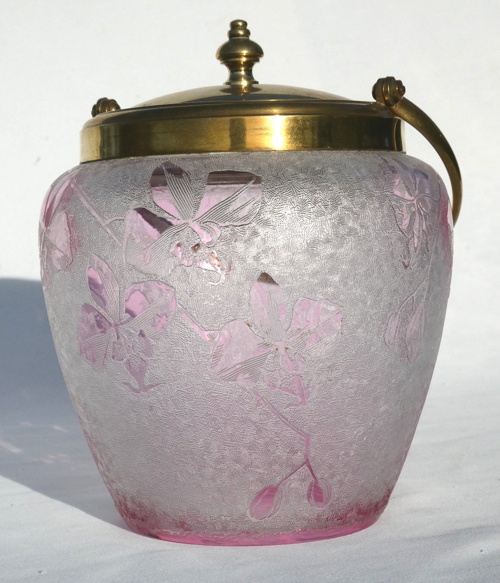 Baccarat Crystal Biscuit Bucket Acid Etched Orchid Decor, Art Nouveau, Pink-photo-3