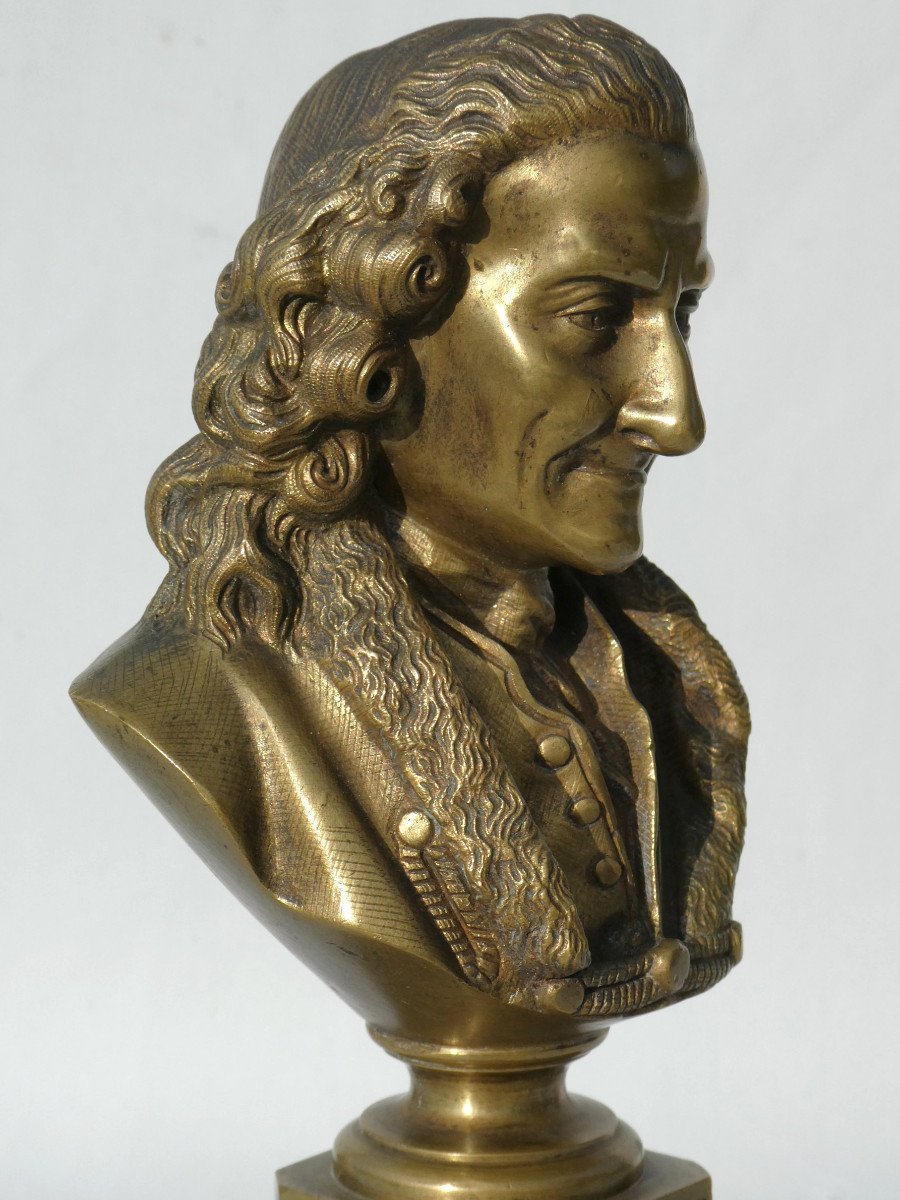 Buste En Bronze XIXe , Portrait Du Philosophe Voltaire , Siecle Des Lumieres -photo-3