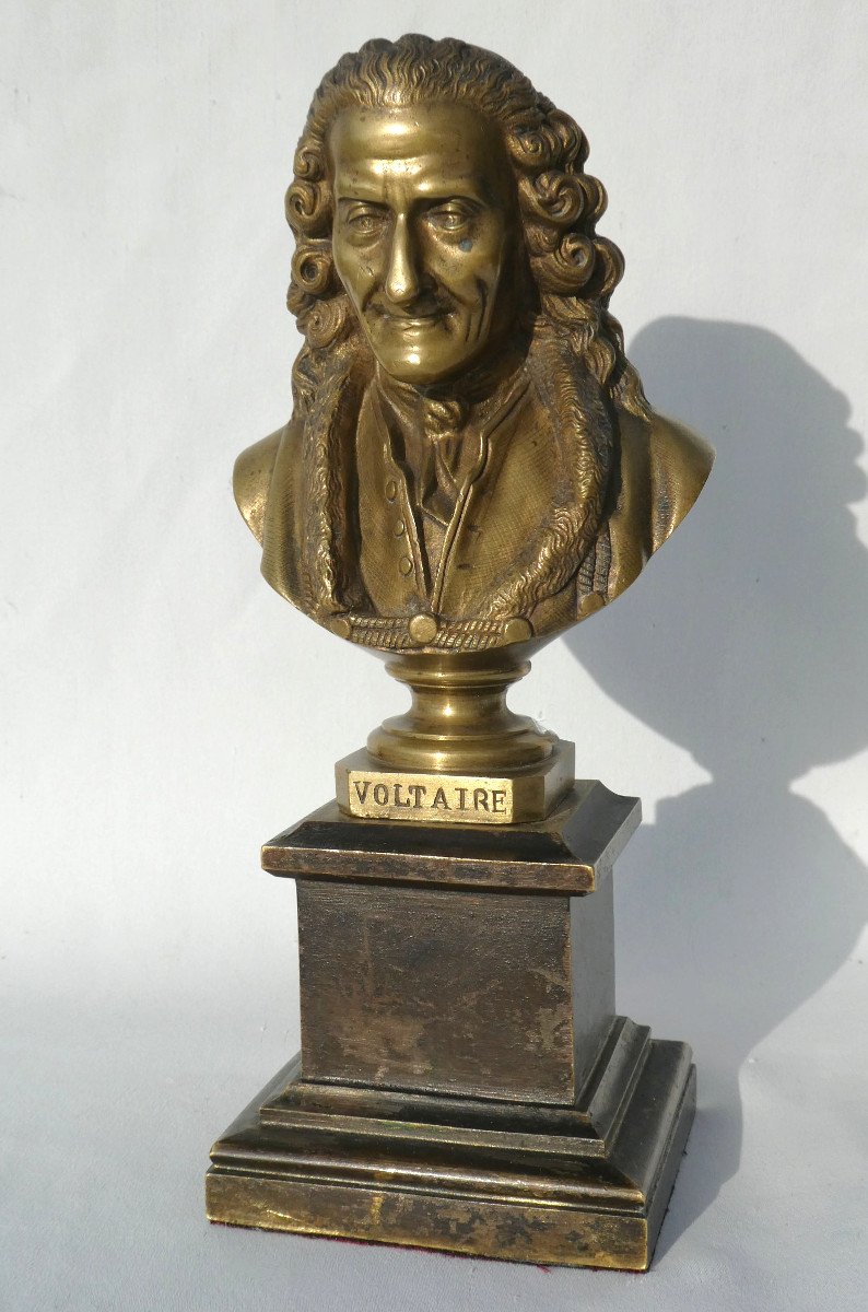 19th Century Bronze Bust, Portrait Of The Philosopher Voltaire, Age Of Enlightenment 