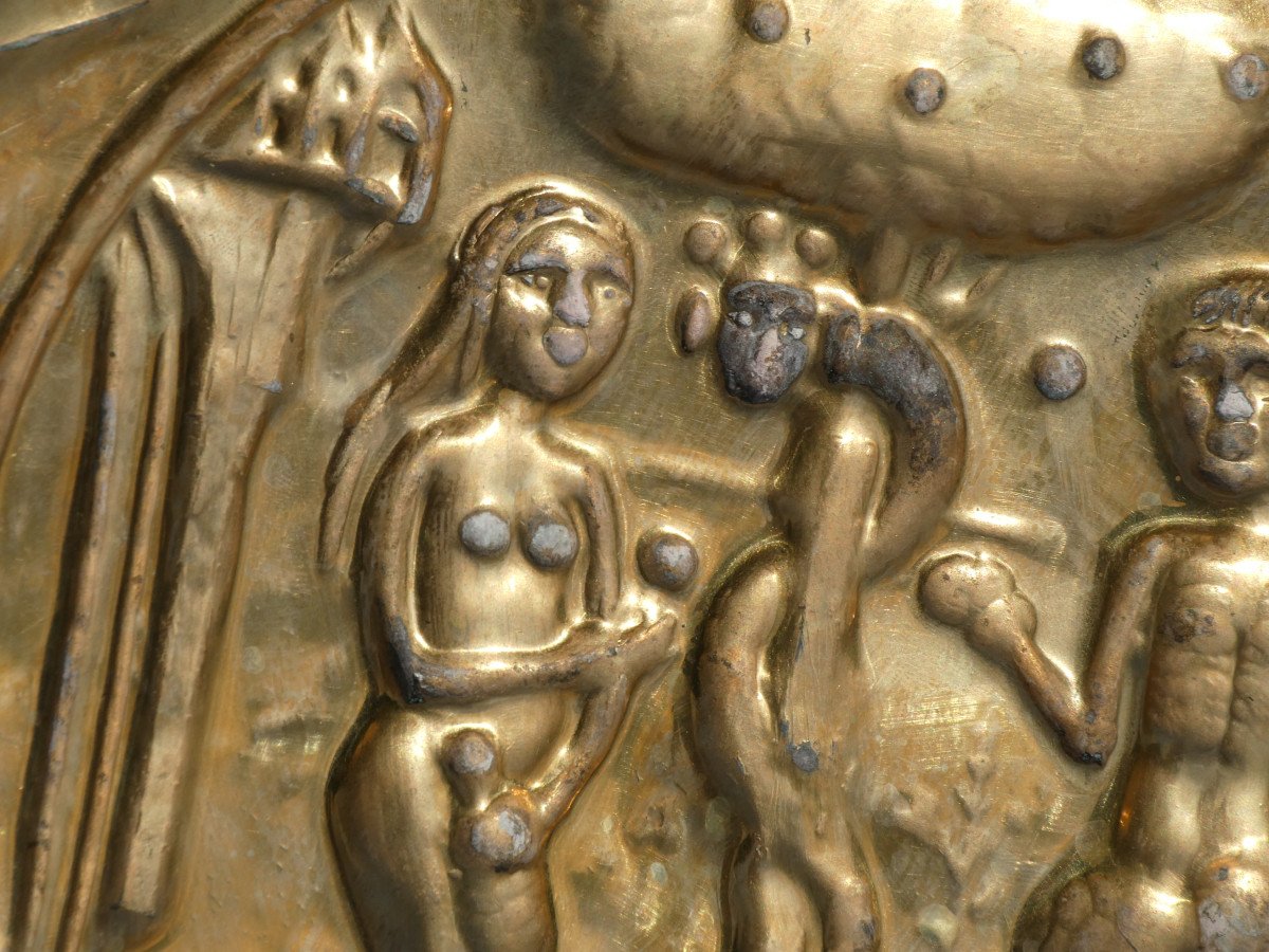 Bassin à Offrandes En Laiton Repoussé , Allemagne XVIIe Siecle , Adam & Eve , Plat De Quête-photo-2