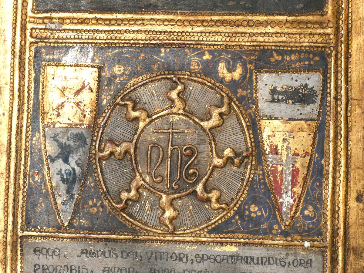 18th Century Wooden Panel, Italian Pieta, Religious Painting Heraldic Coats Of Arms-photo-3