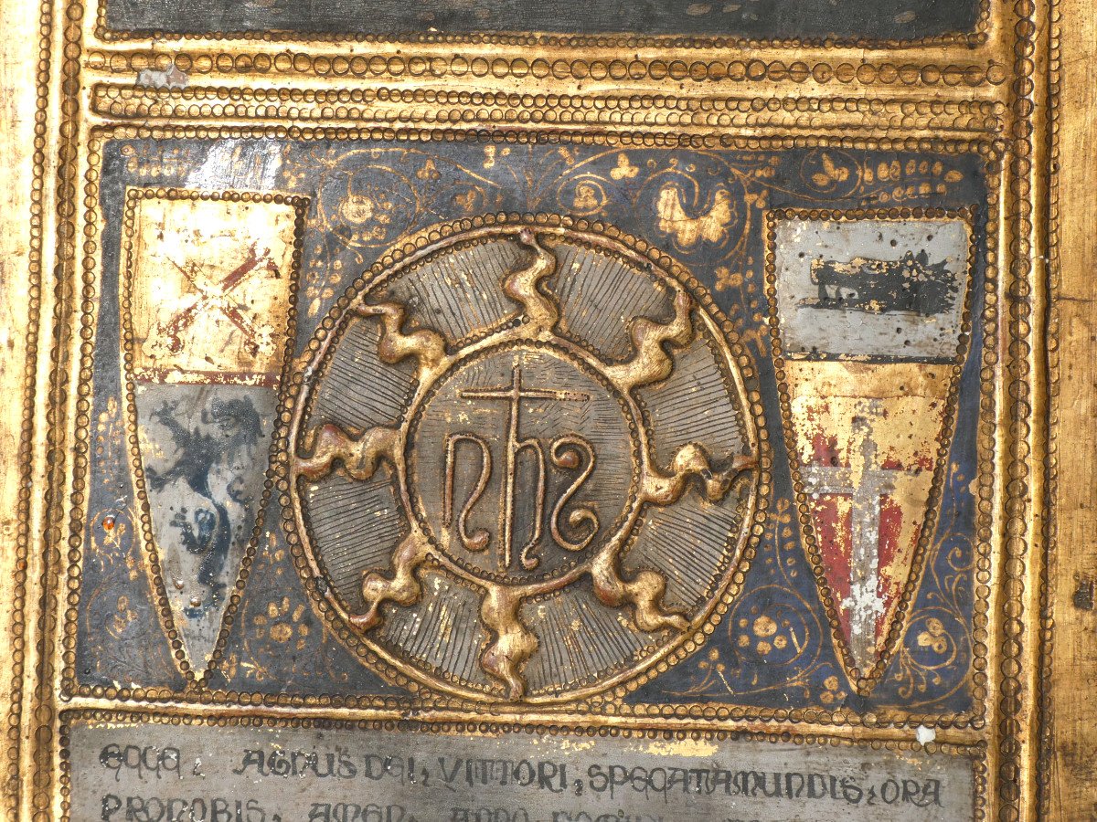 18th Century Wooden Panel, Italian Pieta, Religious Painting Heraldic Coats Of Arms-photo-2