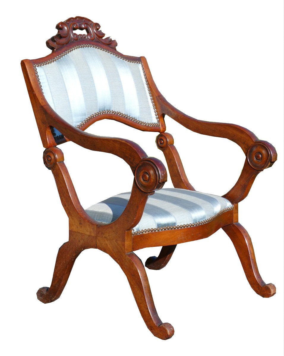 Fauteuil Curule à Systeme Style Charles X Epoque XIXe Siecle Prie Dieu Acajou & Soie Mecanisme