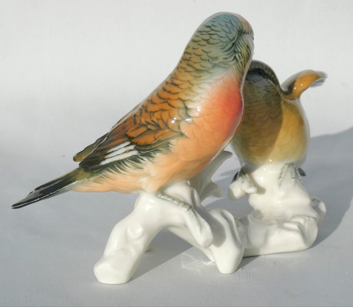 Pair Of Branchy Birds In Porcelain By Karl Ens, Art Deco, Couple Of Linnets-photo-3