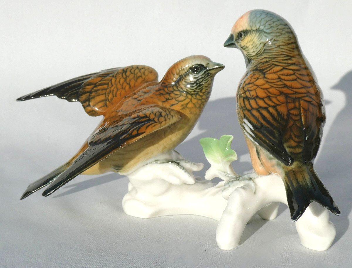 Pair Of Branchy Birds In Porcelain By Karl Ens, Art Deco, Couple Of Linnets-photo-4