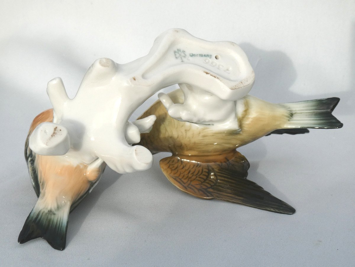 Pair Of Branchy Birds In Porcelain By Karl Ens, Art Deco, Couple Of Linnets-photo-2