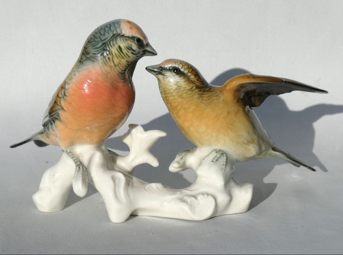 Pair Of Branchy Birds In Porcelain By Karl Ens, Art Deco, Couple Of Linnets