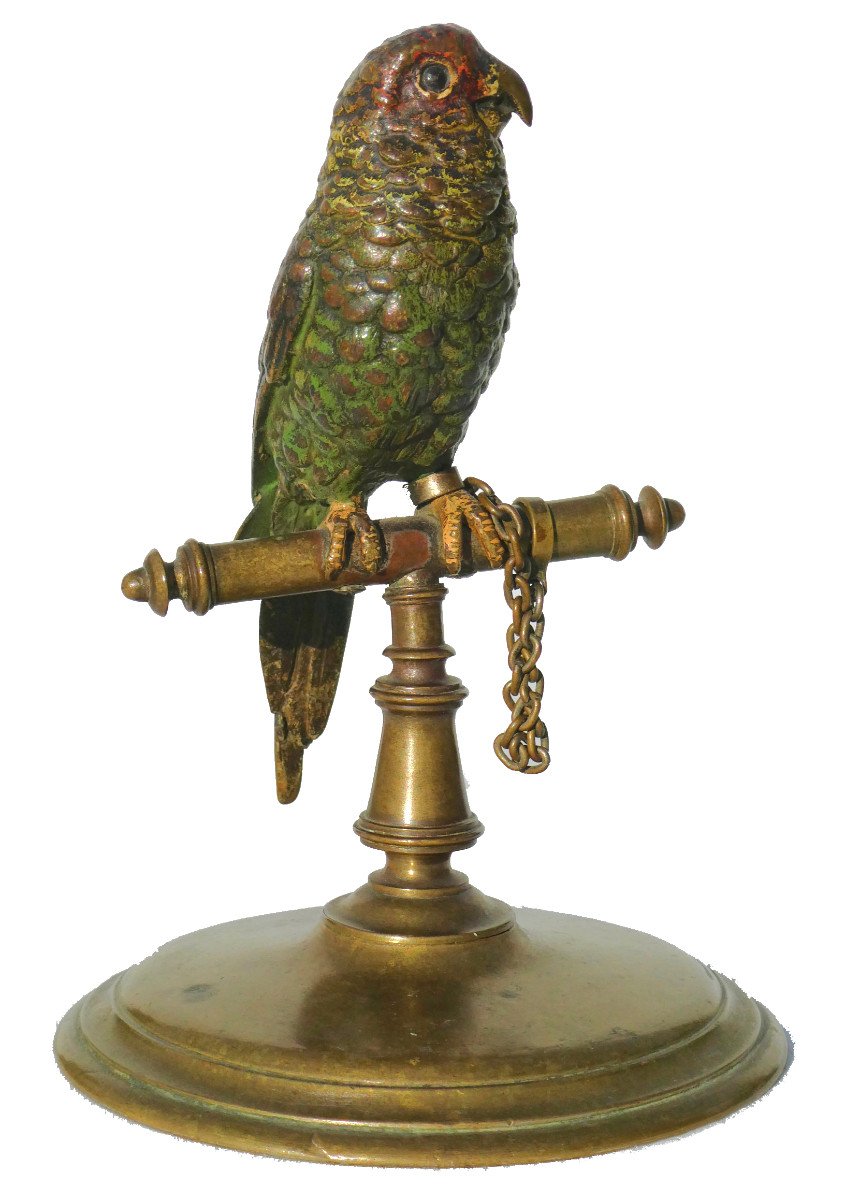 Animal Bronze Napoleon III Period, Parakeet / Parrot On Perch, Vienna Franz Bergman-photo-2