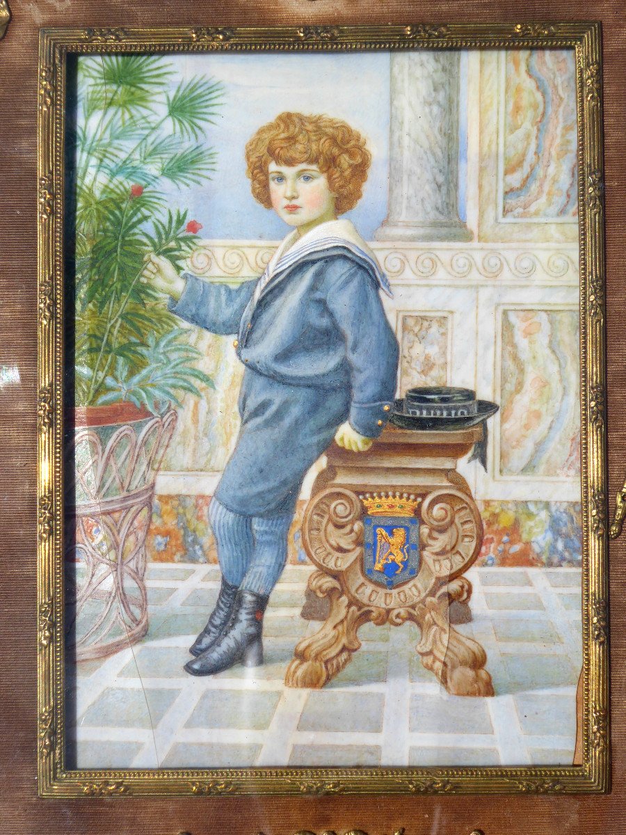 Grande Miniature Royaliste Famille Cahen d'Anvers , Enfant Au Blason , Comte , Cadre Doré XIXe-photo-2