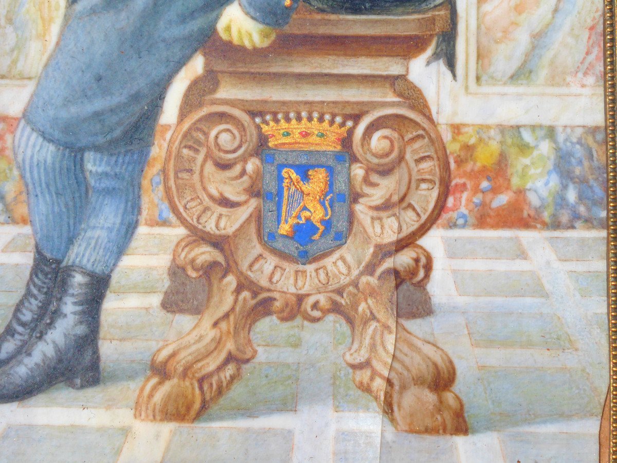 Grande Miniature Royaliste Famille Cahen d'Anvers , Enfant Au Blason , Comte , Cadre Doré XIXe-photo-3