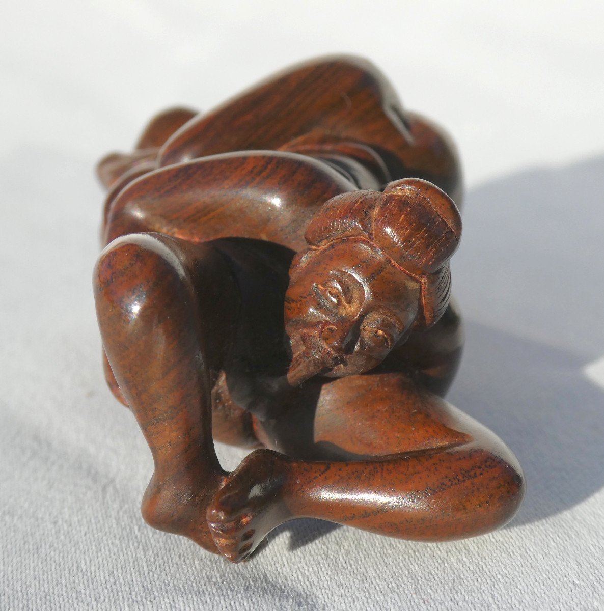 Erotic Okimono Signed In Carved Wood, Embracing Couple Japan Taisho Period (1912-1928) Curiosa-photo-4