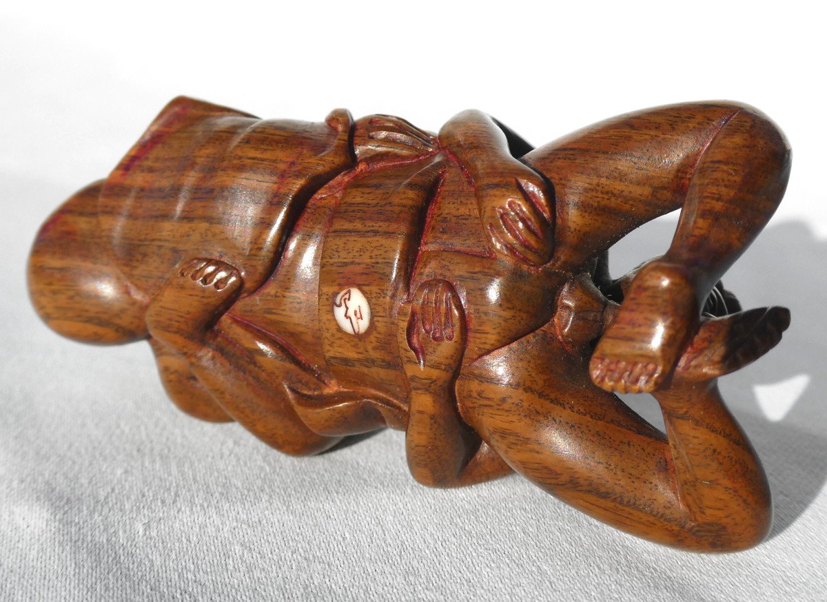 Erotic Okimono Signed In Carved Wood, Embracing Couple Japan Taisho Period (1912-1928) Curiosa-photo-3