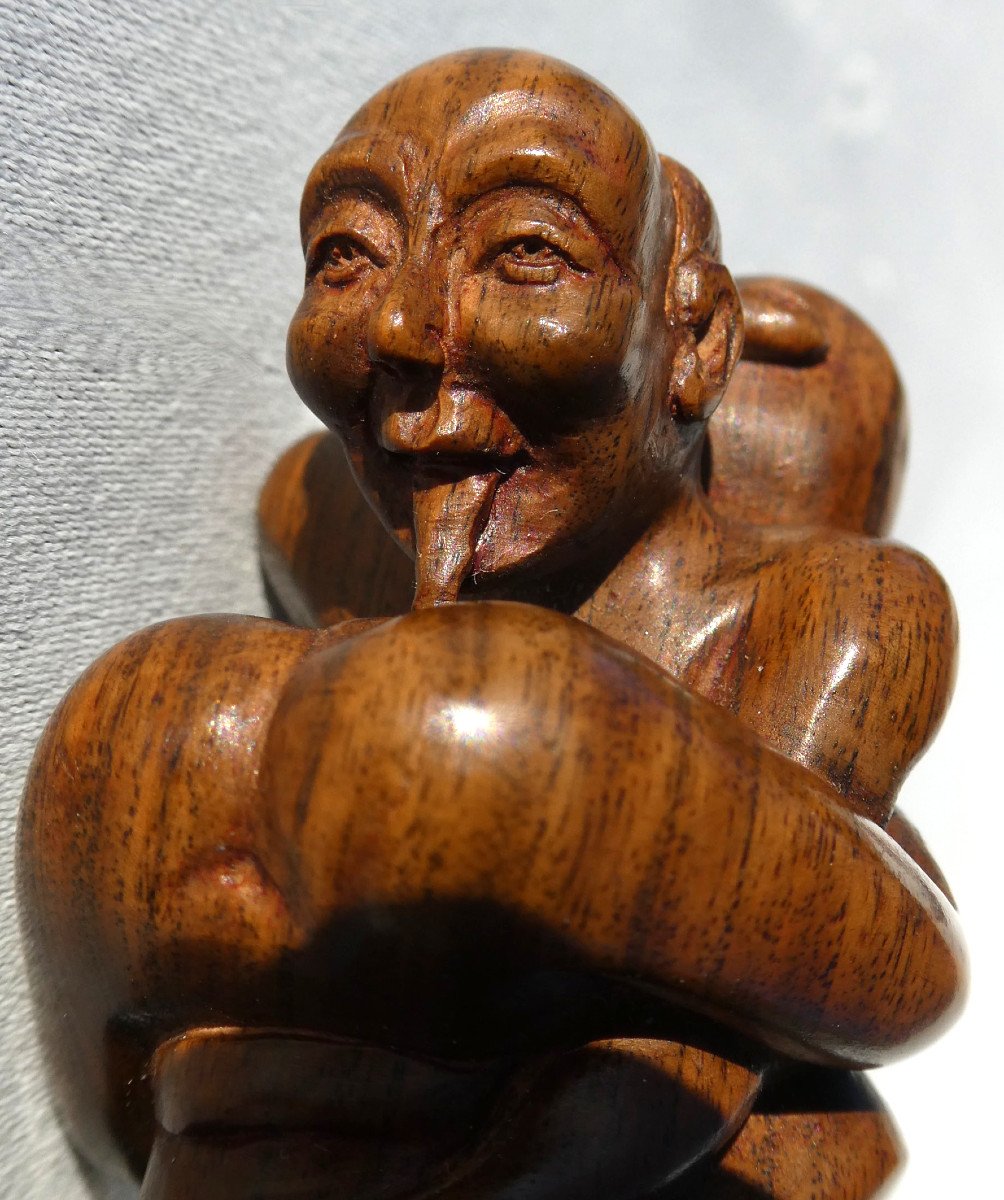 Erotic Okimono Signed In Carved Wood, Embracing Couple Japan Taisho Period (1912-1928) Curiosa-photo-4