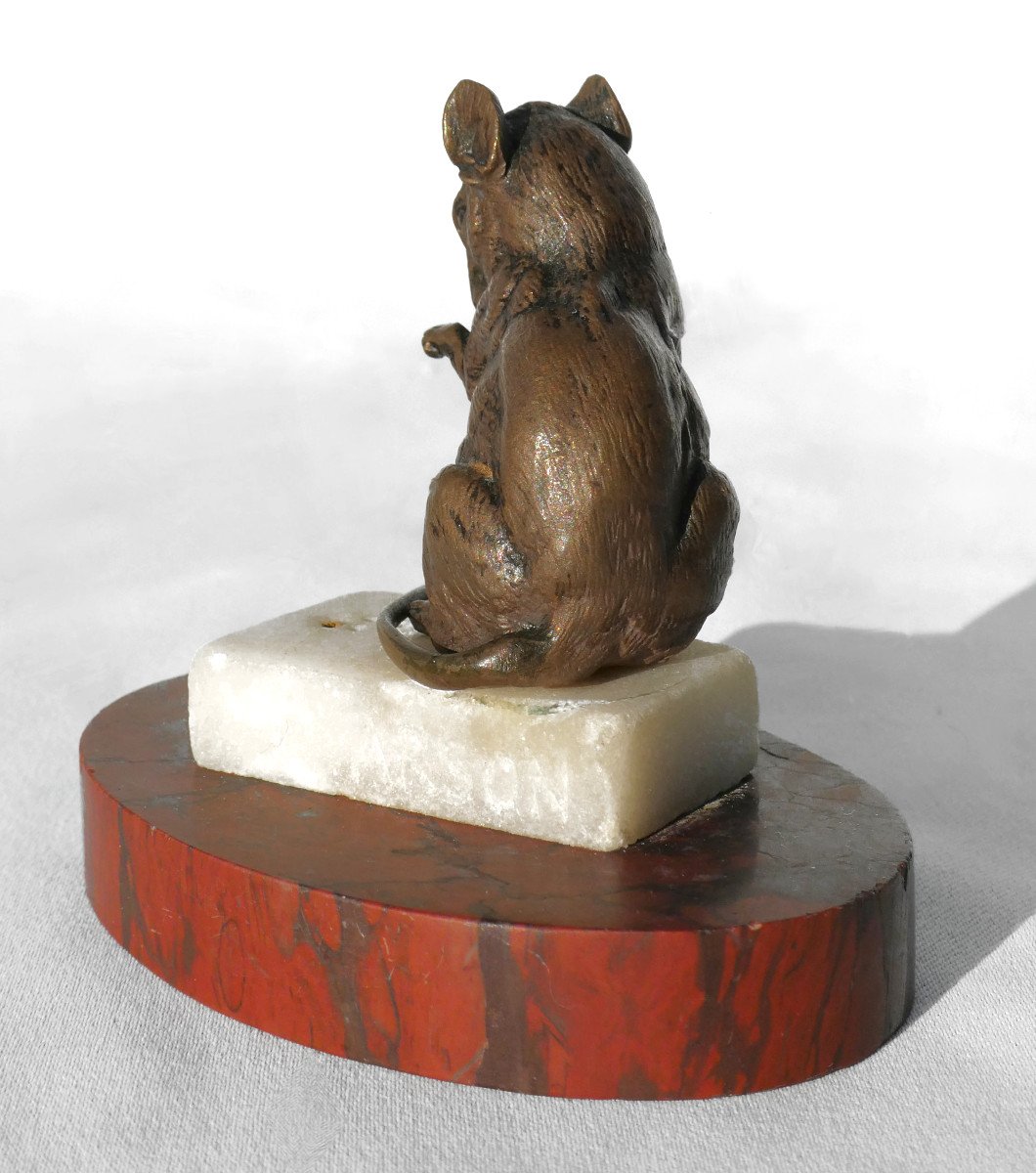 Sculpture, Animal Bronze, Mouse On Sugar Cube, Alphonse Alexandre Arson, 19th Century-photo-2