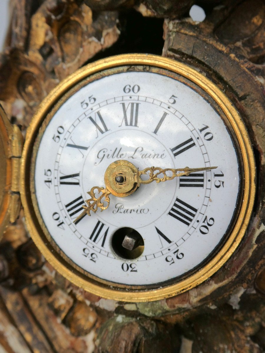 Cartel En Bois Dore Epoque XVIIIe , Louis XV , Rocaille , Gille l'Ainé Paris 1750 , Horloge-photo-3