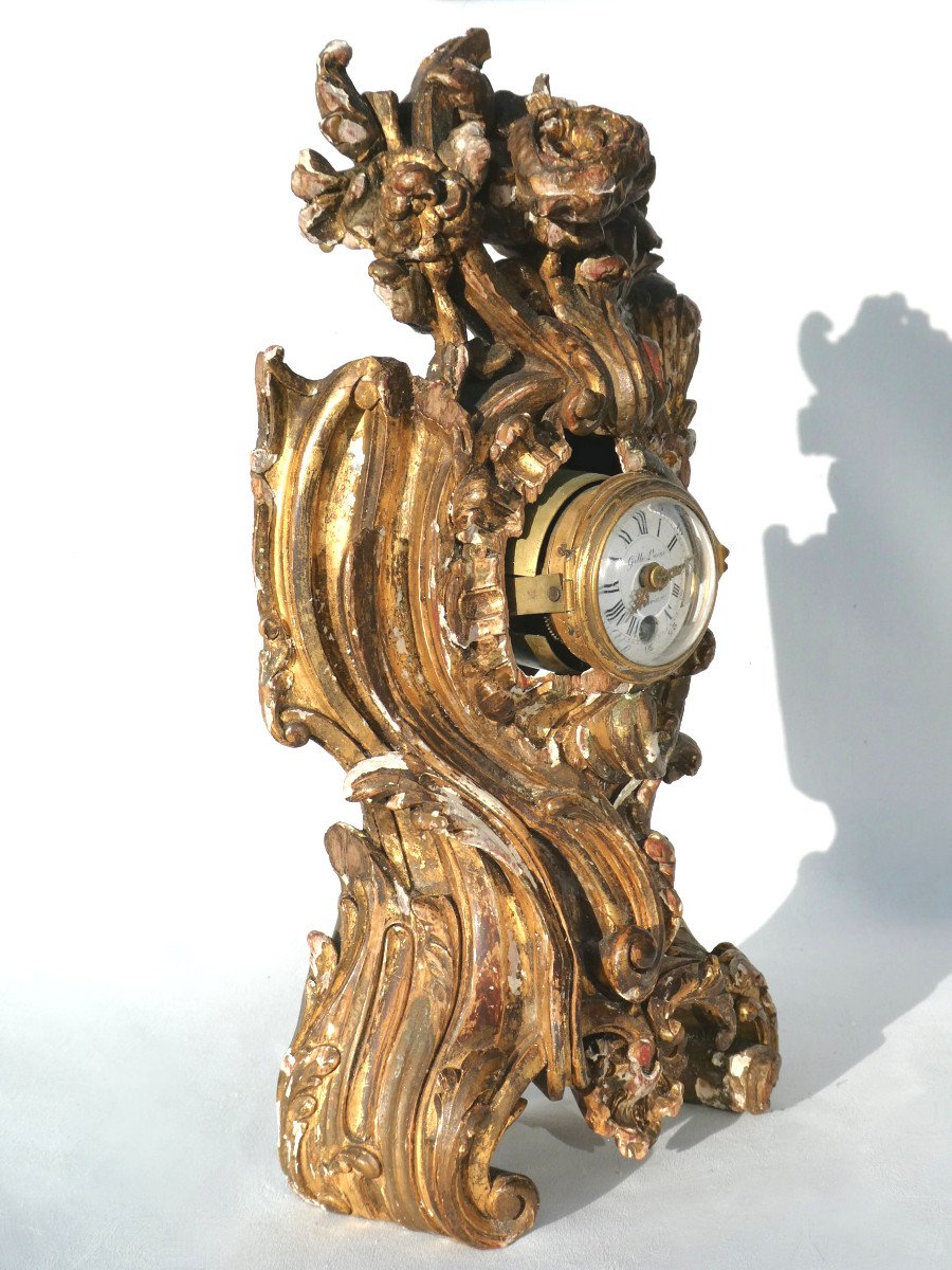 Cartel En Bois Dore Epoque XVIIIe , Louis XV , Rocaille , Gille l'Ainé Paris 1750 , Horloge-photo-4