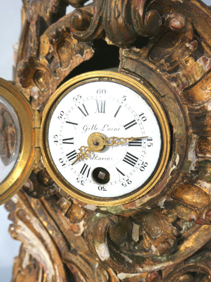 Cartel En Bois Dore Epoque XVIIIe , Louis XV , Rocaille , Gille l'Ainé Paris 1750 , Horloge-photo-1