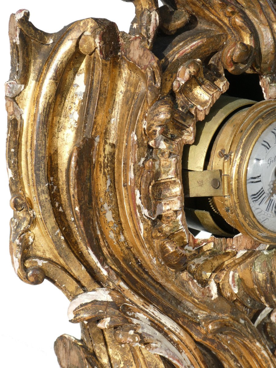 Cartel En Bois Dore Epoque XVIIIe , Louis XV , Rocaille , Gille l'Ainé Paris 1750 , Horloge-photo-2