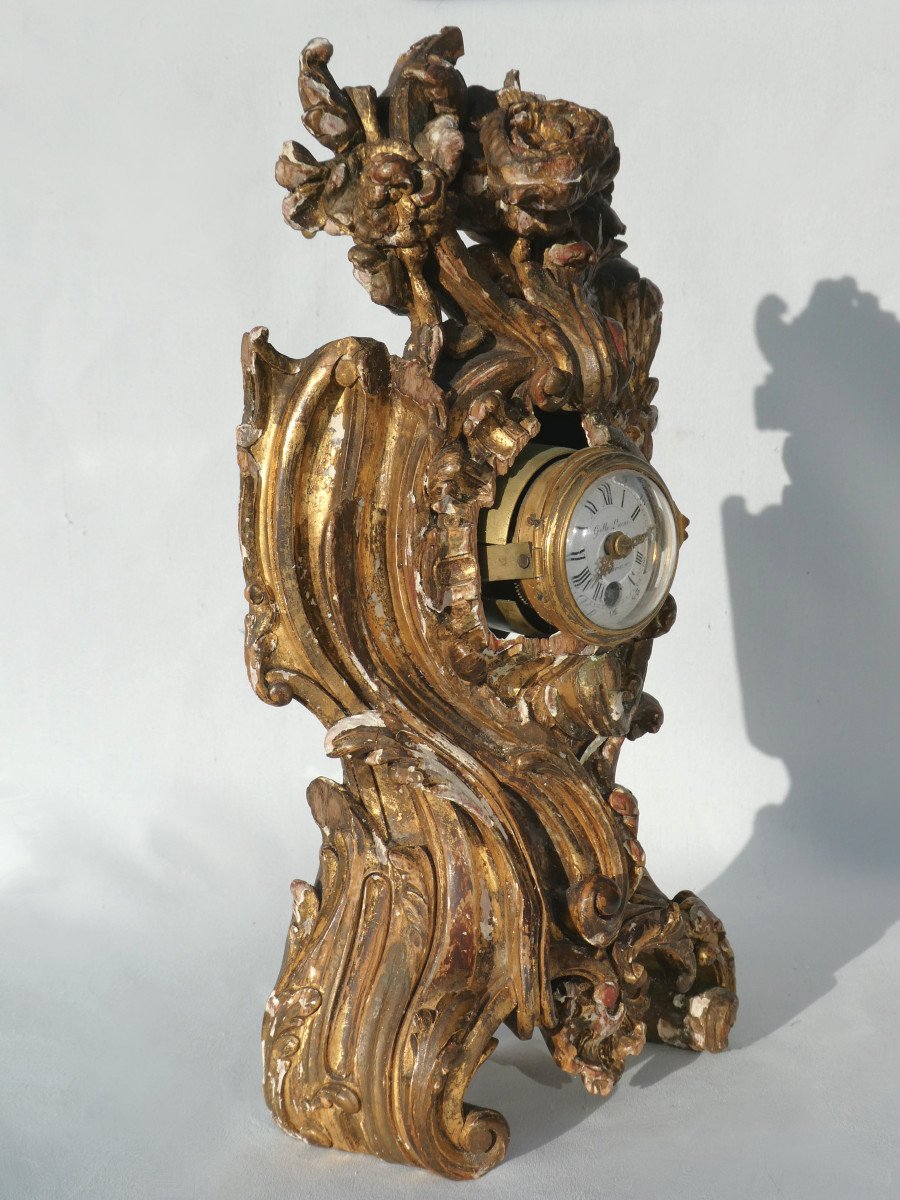 Cartel En Bois Dore Epoque XVIIIe , Louis XV , Rocaille , Gille l'Ainé Paris 1750 , Horloge-photo-3