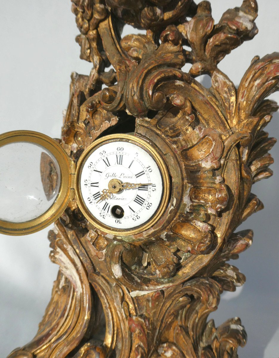 Cartel En Bois Dore Epoque XVIIIe , Louis XV , Rocaille , Gille l'Ainé Paris 1750 , Horloge-photo-5