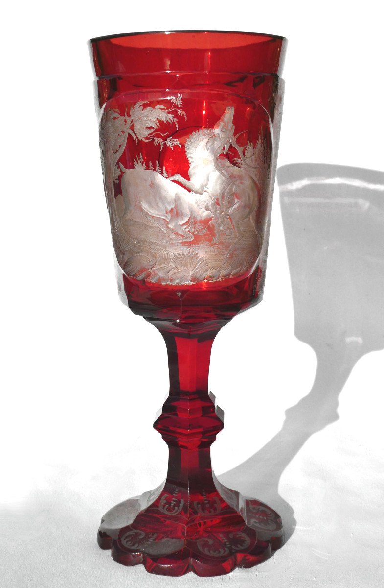 Large Chalice / Hanape In Red Garnet Bohemian Crystal, Sylvester And Napoleon III Deer Decor-photo-2