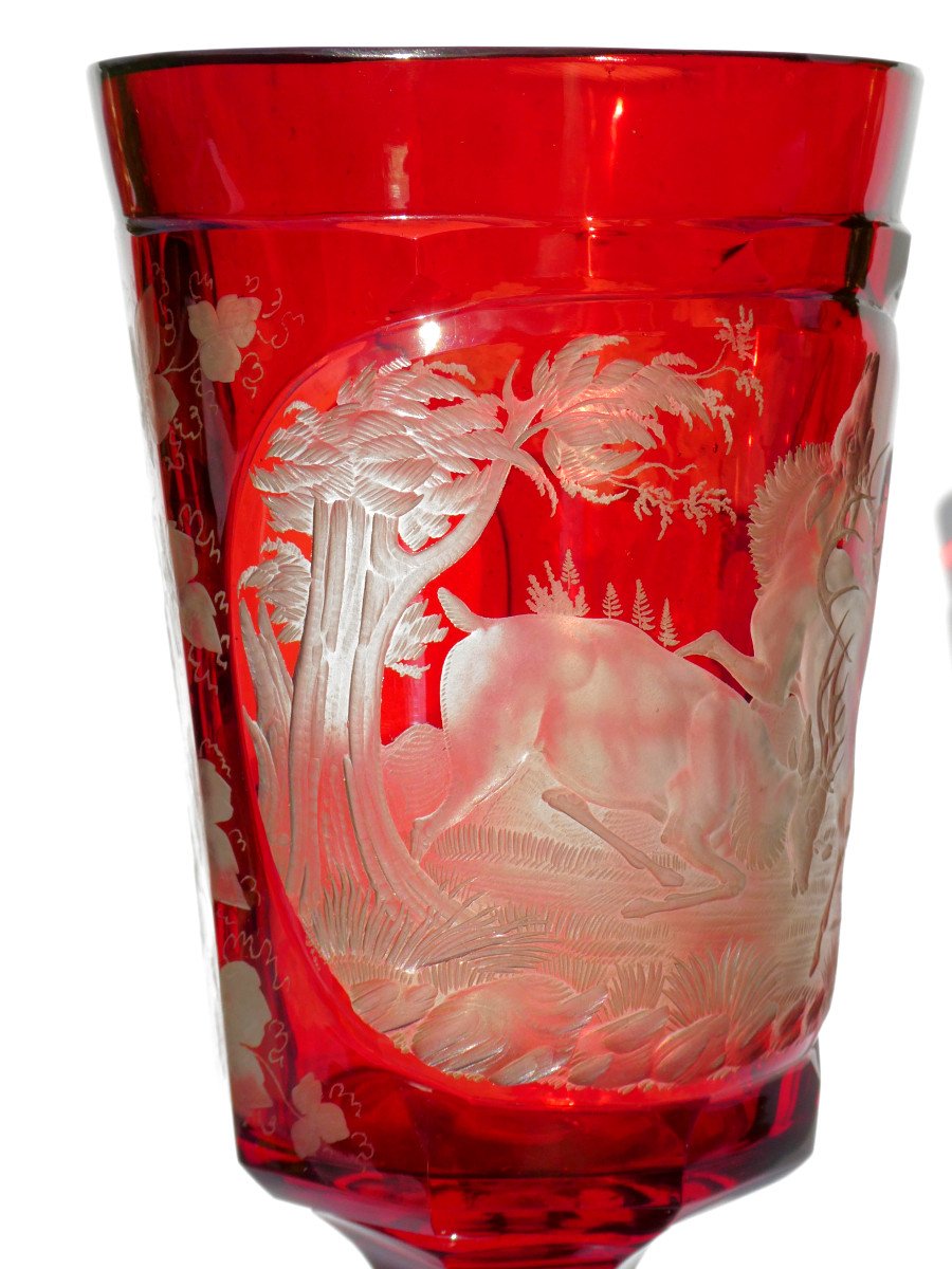 Large Chalice / Hanape In Red Garnet Bohemian Crystal, Sylvester And Napoleon III Deer Decor-photo-3