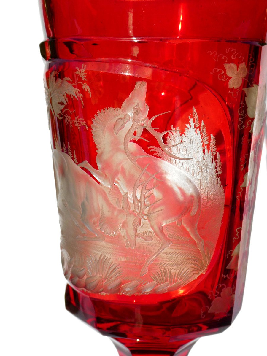 Grand Calice / Hanape En Cristal De Boheme Rouge Grenat , Decor Sylvestre Et Cerfs Napoleon III-photo-4