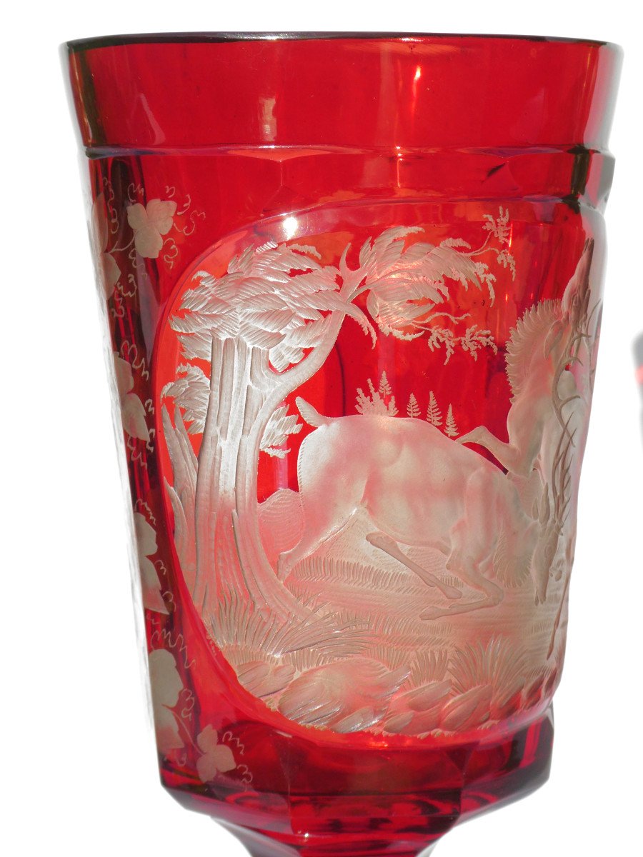 Large Chalice / Hanape In Red Garnet Bohemian Crystal, Sylvester And Napoleon III Deer Decor-photo-1