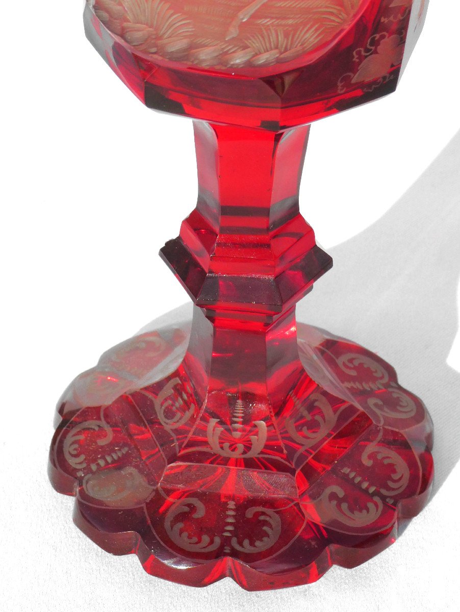 Large Chalice / Hanape In Red Garnet Bohemian Crystal, Sylvester And Napoleon III Deer Decor-photo-2